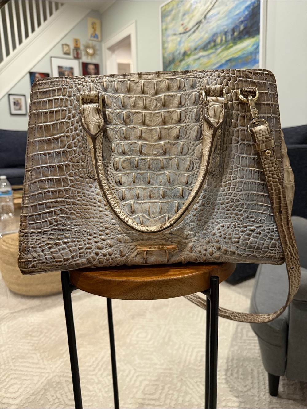 Brahmin Taupe Croc-Embossed Leather Satchel with Detachable Strap